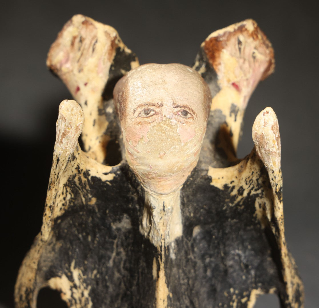 Vintage Folk Art Painted Animal Vertebra Figure, Priest Flanked by Two Figures, Heavy Paint Loss Throughout