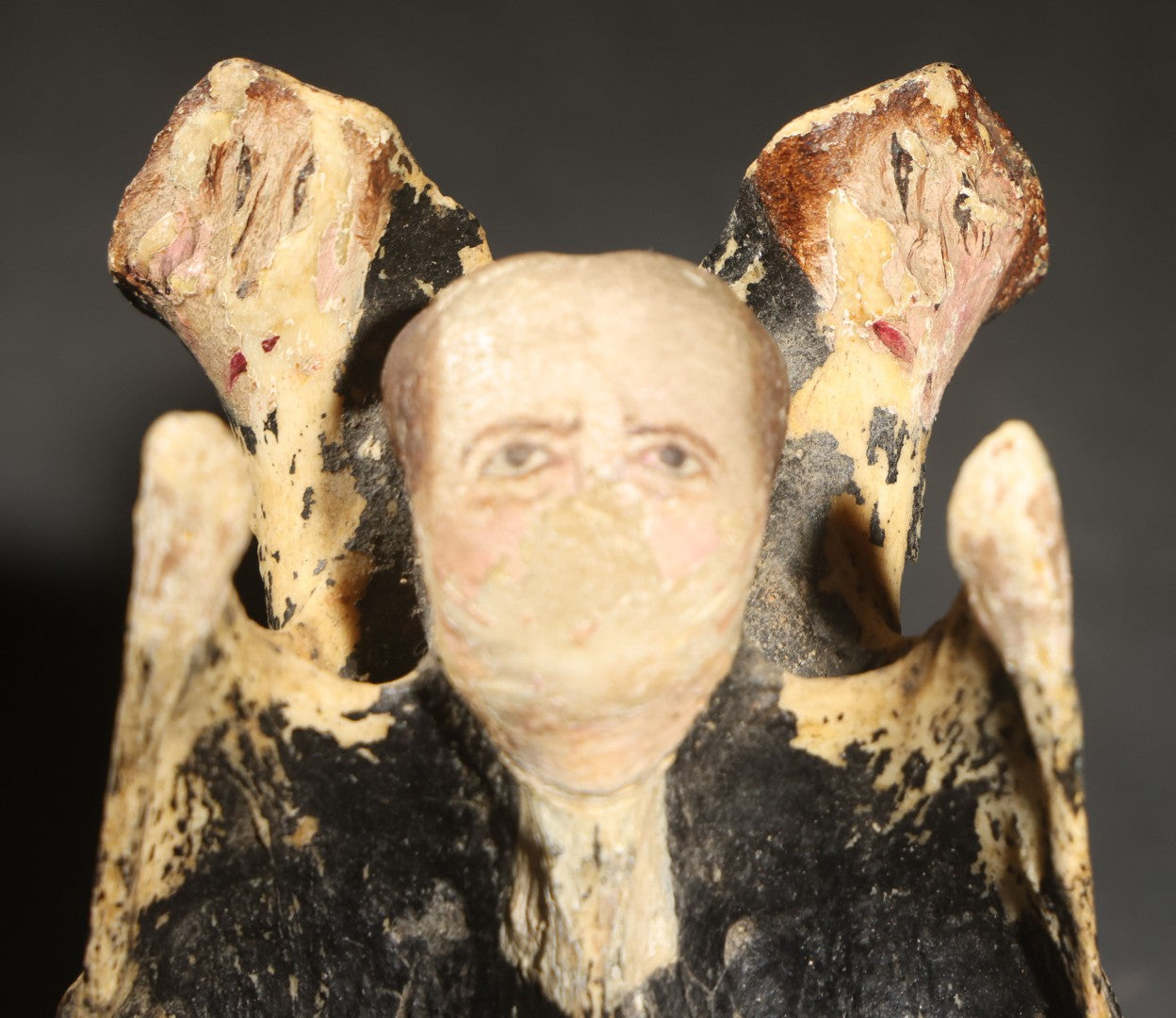 Vintage Folk Art Painted Animal Vertebra Figure, Priest Flanked by Two Figures, Heavy Paint Loss Throughout