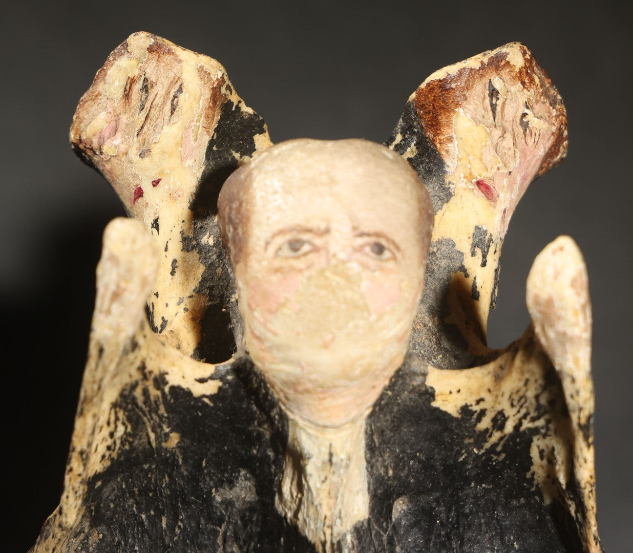 Vintage Folk Art Painted Animal Vertebra Figure, Priest Flanked by Two Figures, Heavy Paint Loss Throughout