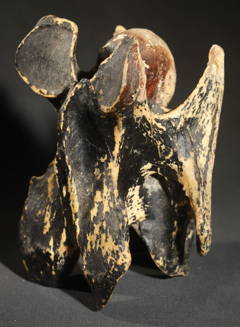 Vintage Folk Art Painted Animal Vertebra Figure, Priest Flanked by Two Figures, Heavy Paint Loss Throughout