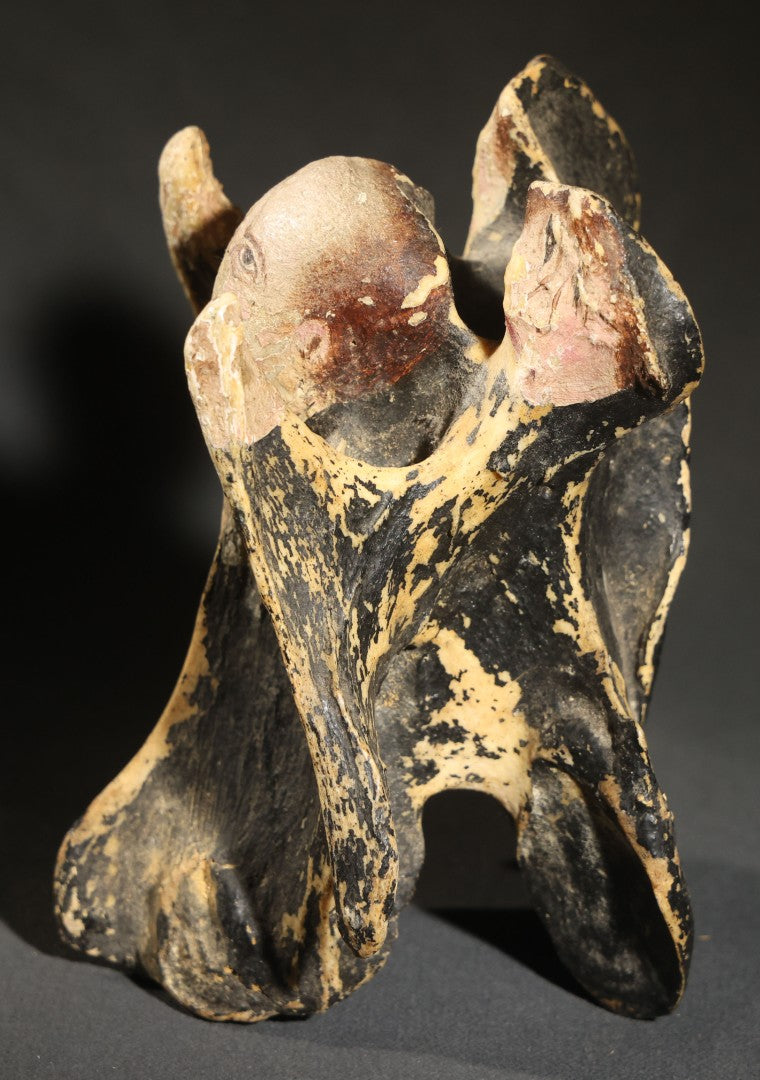 Vintage Folk Art Painted Animal Vertebra Figure, Priest Flanked by Two Figures, Heavy Paint Loss Throughout