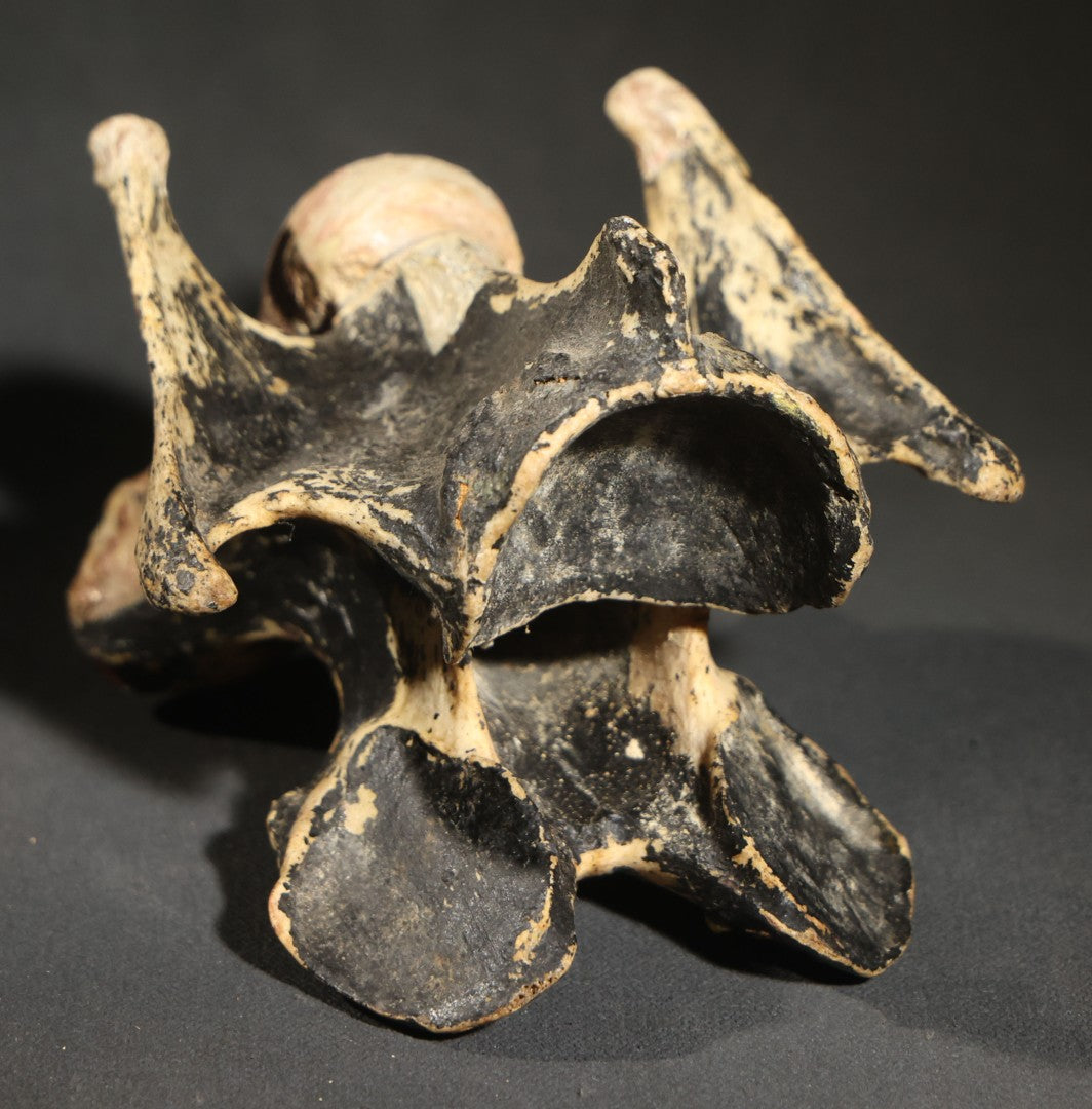 Vintage Folk Art Painted Animal Vertebra Figure, Priest Flanked by Two Figures, Heavy Paint Loss Throughout