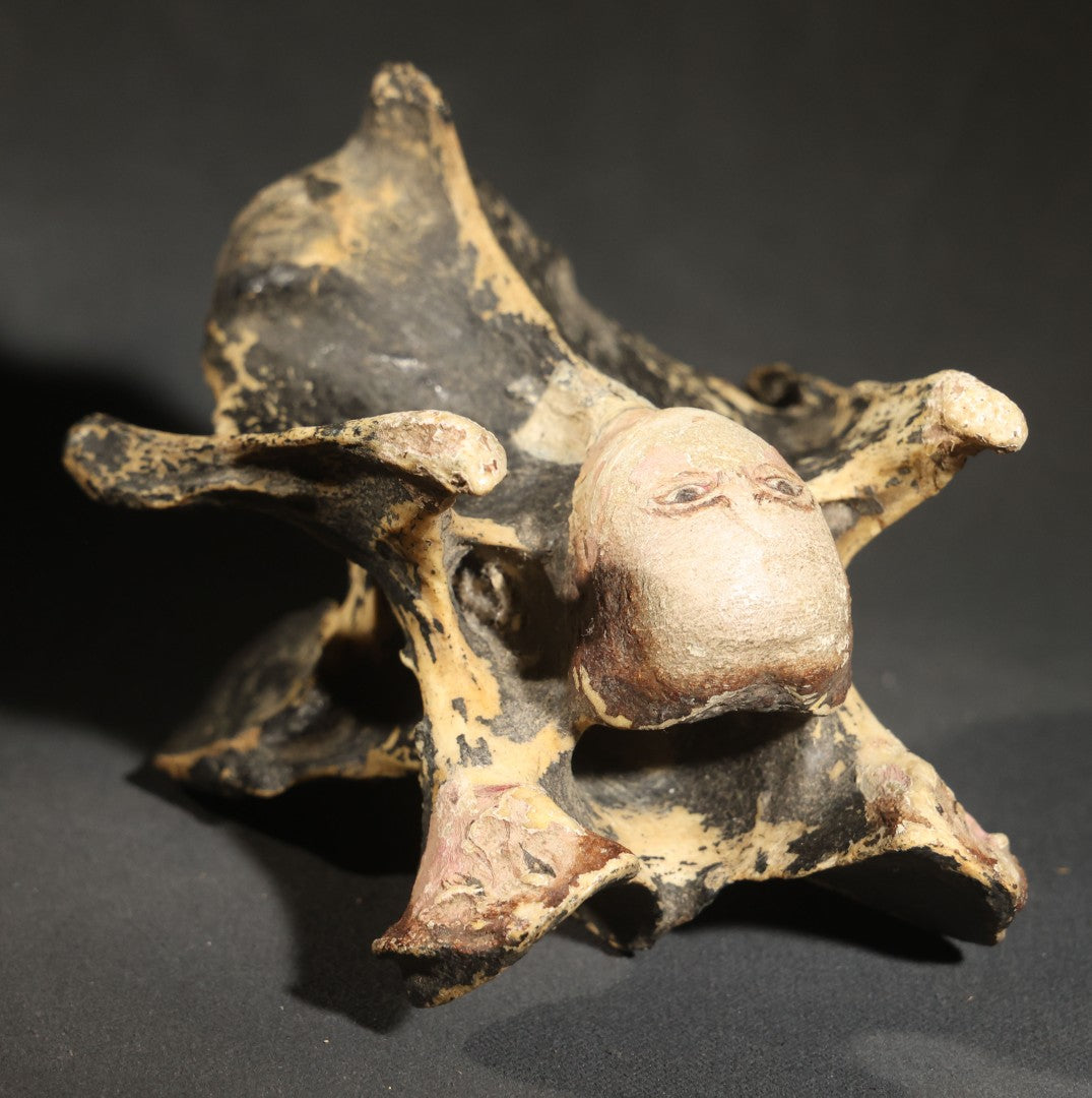 Vintage Folk Art Painted Animal Vertebra Figure, Priest Flanked by Two Figures, Heavy Paint Loss Throughout