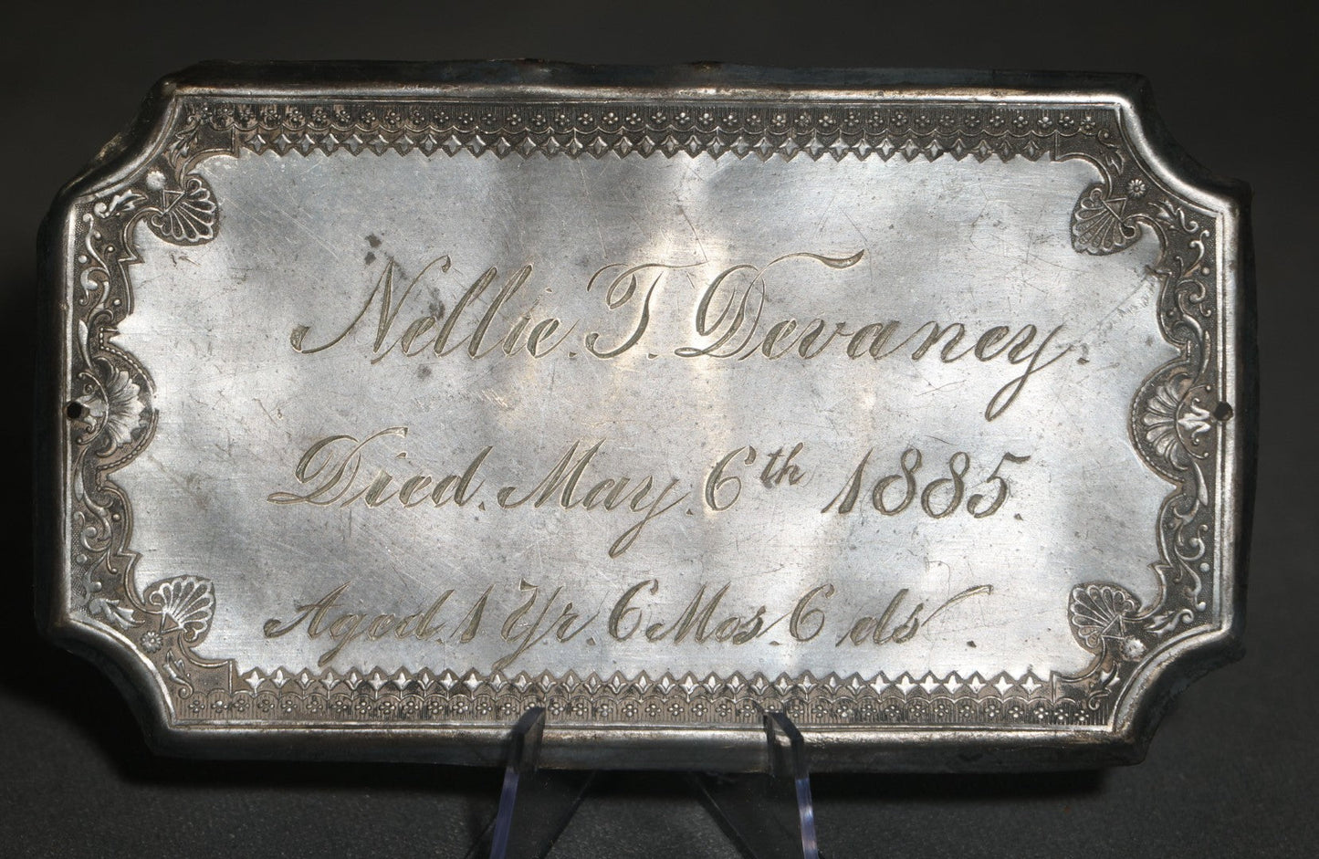Antique Silver-Tone Casket Plaque, Engraved "Nellie T. Devaney, Died May 6th 1885," Aged 1 Year, 6 Months, 6 Days
