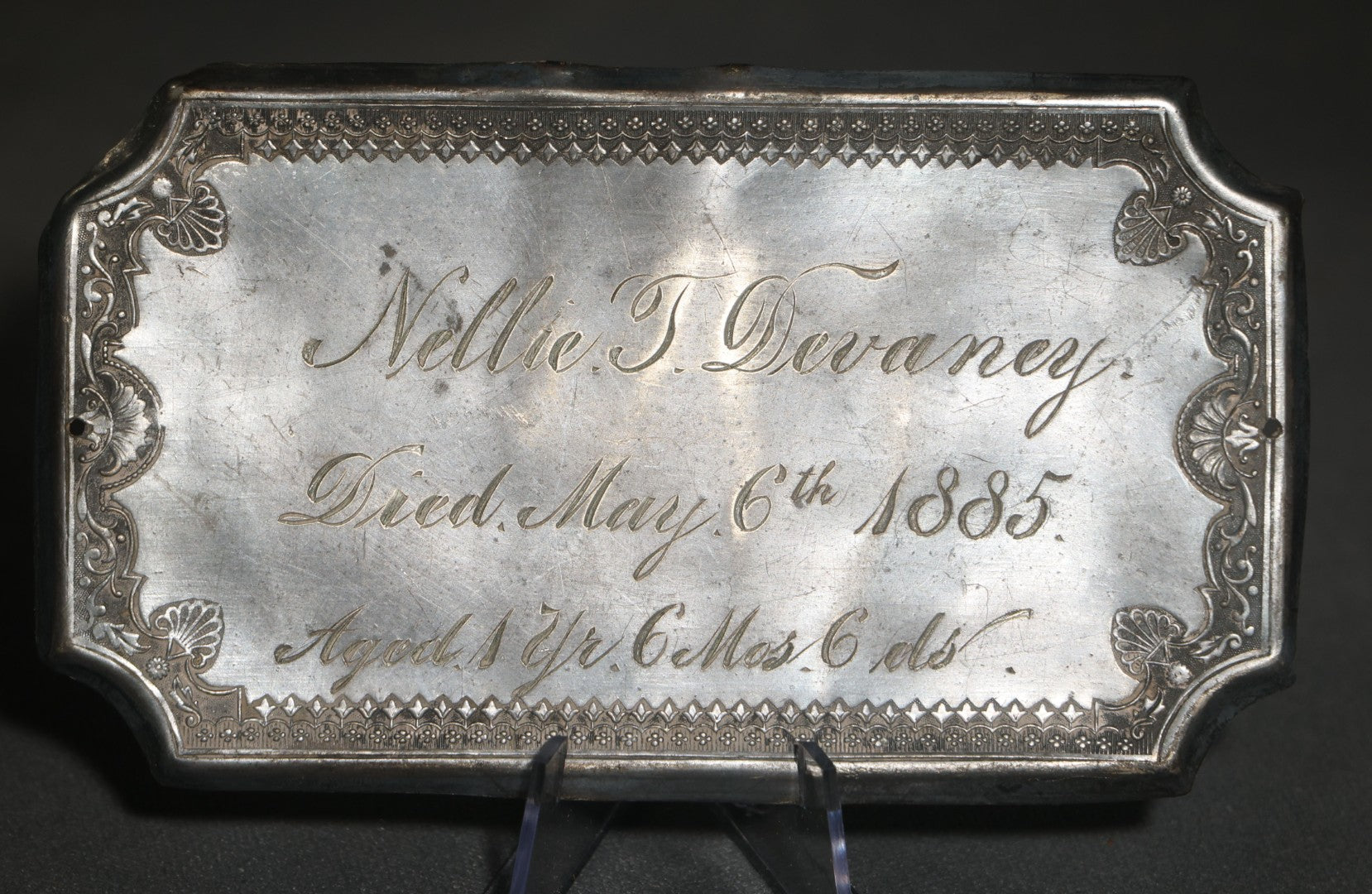 Antique Silver-Tone Casket Plaque, Engraved "Nellie T. Devaney, Died May 6th 1885," Aged 1 Year, 6 Months, 6 Days