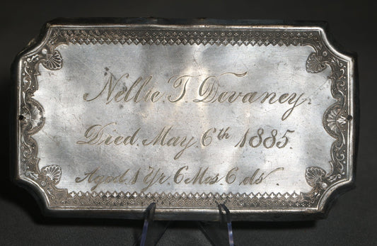 Antique Silver-Tone Casket Plaque, Engraved "Nellie T. Devaney, Died May 6th 1885," Aged 1 Year, 6 Months, 6 Days