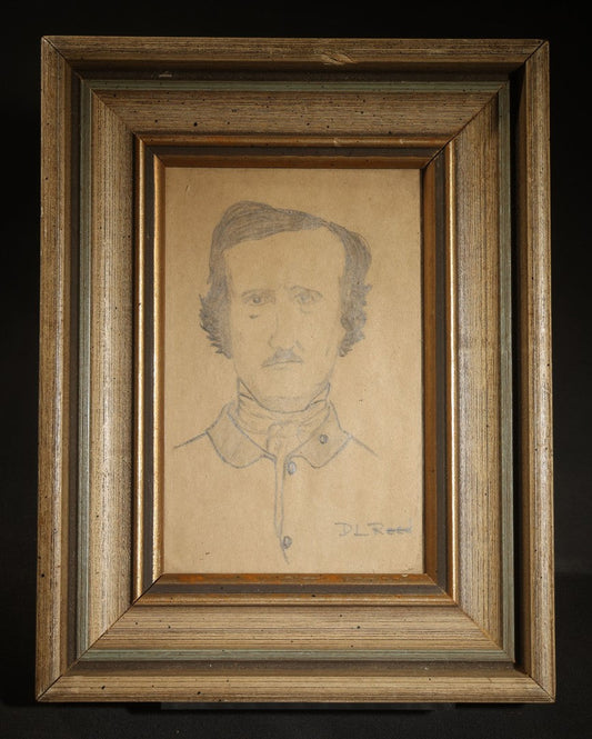 Vintage Pencil Sketch Portrait of Edgar Allan Poe, Signed "D.L. Reed," With Handwritten Verso Inscription, Christmas 1952