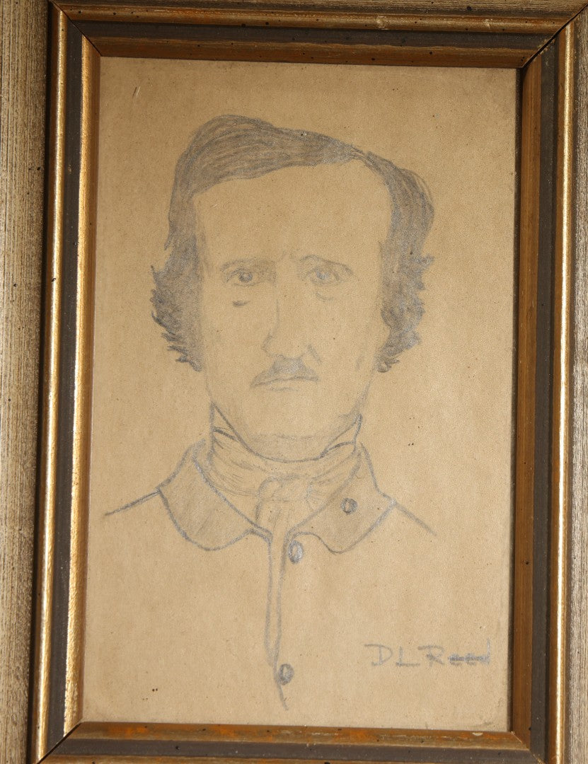 Vintage Pencil Sketch Portrait of Edgar Allan Poe, Signed "D.L. Reed," With Handwritten Verso Inscription, Christmas 1952