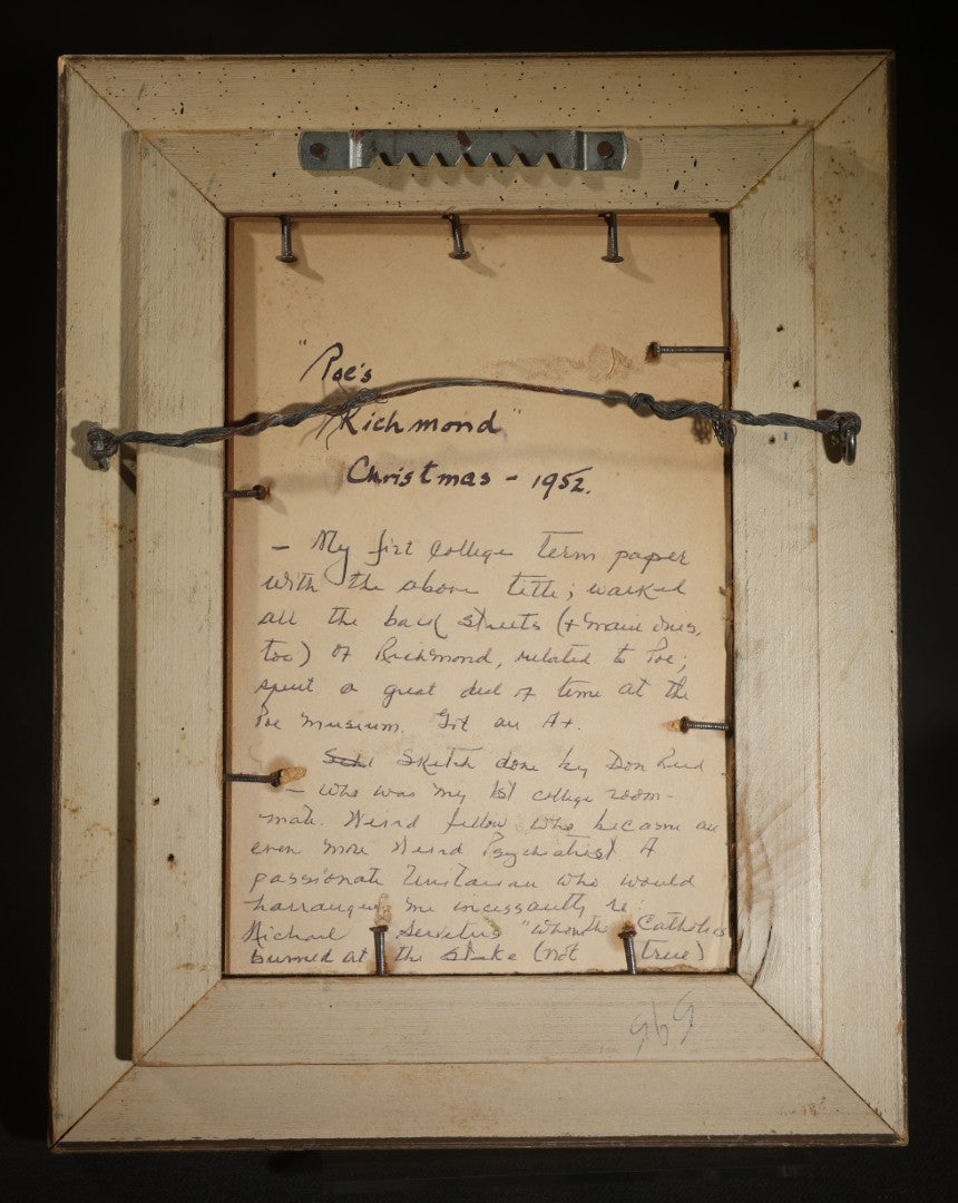 Vintage Pencil Sketch Portrait of Edgar Allan Poe, Signed "D.L. Reed," With Handwritten Verso Inscription, Christmas 1952