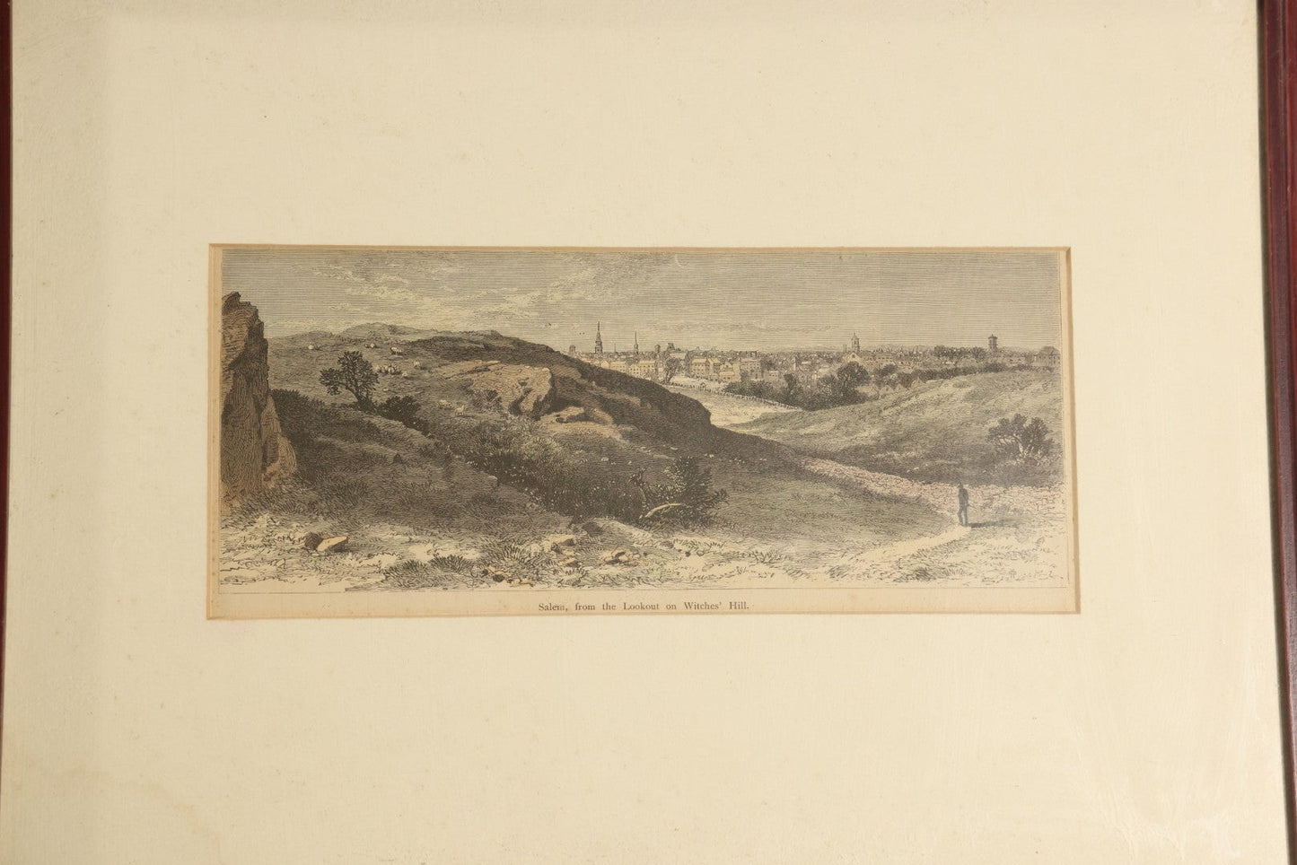 Antique Hand Colored Wood Engraving Print, "Salem, from the Lookout on Witches' Hill," Framed
