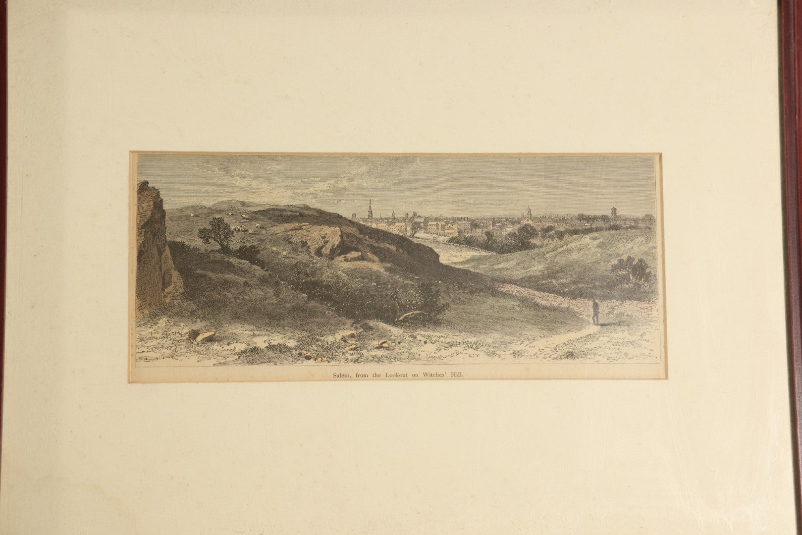 Antique Hand Colored Wood Engraving Print, "Salem, from the Lookout on Witches' Hill," Framed