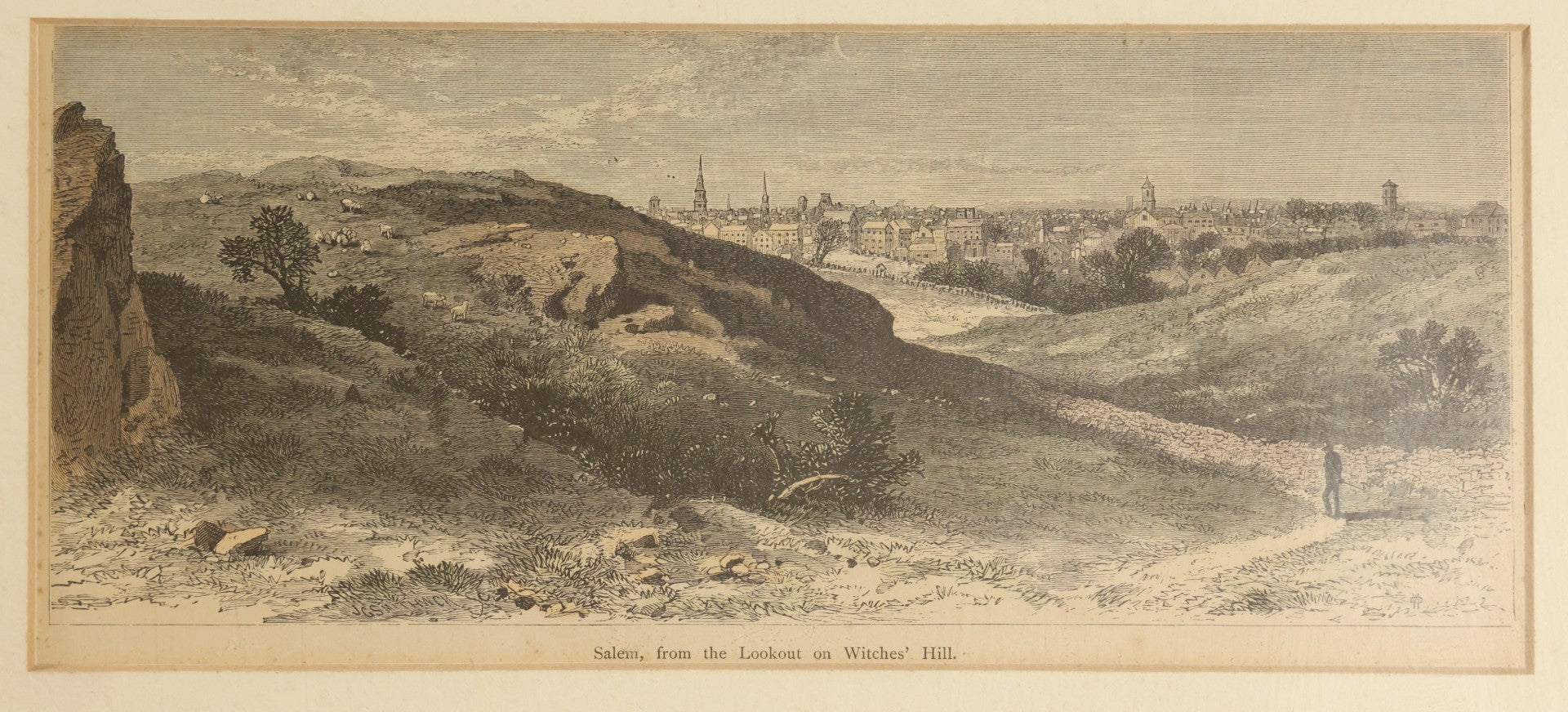 Antique Hand Colored Wood Engraving Print, "Salem, from the Lookout on Witches' Hill," Framed