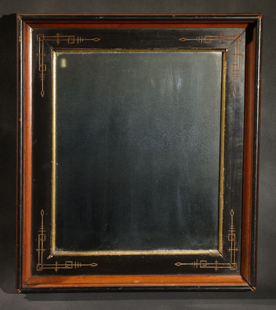 Antique Eastlake-Style Ebonized and Walnut Framed Mirror with Gilt Incised Geometric Decoration, Replacement Mirror Plate