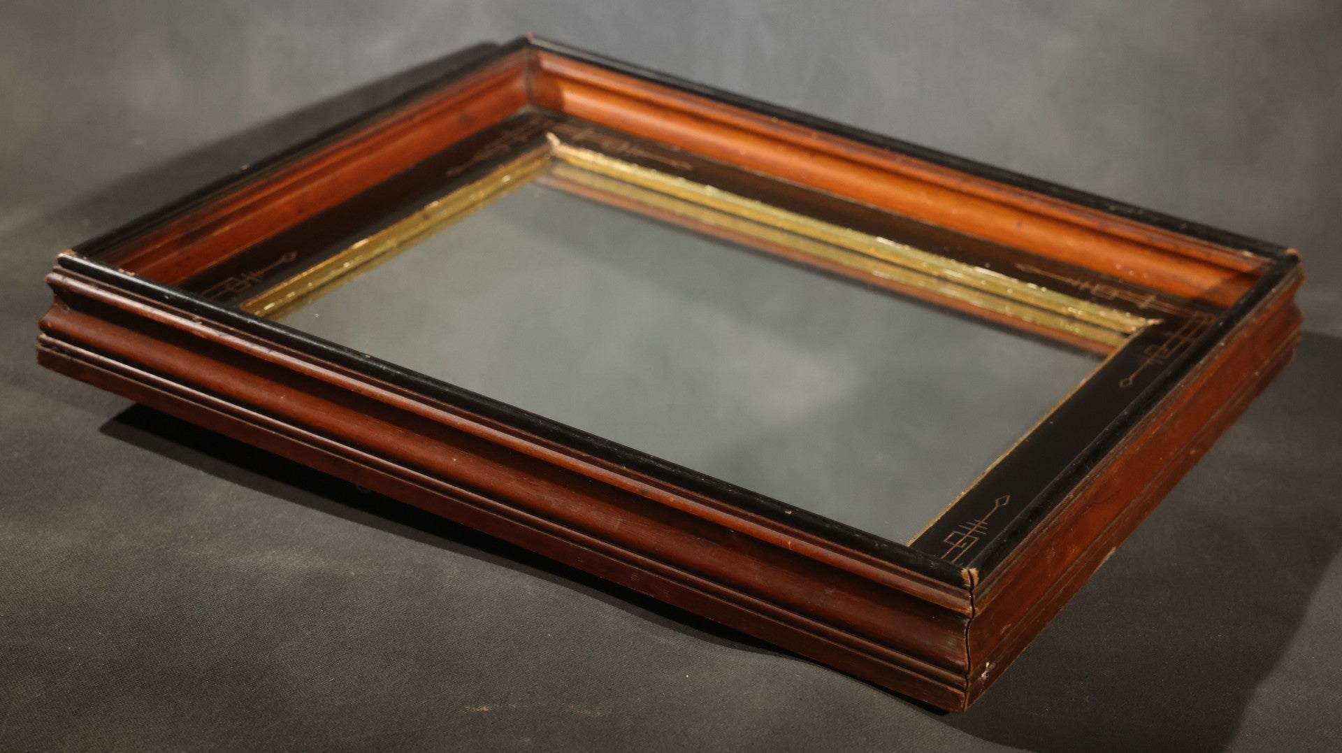 Antique Eastlake-Style Ebonized and Walnut Framed Mirror with Gilt Incised Geometric Decoration, Replacement Mirror Plate