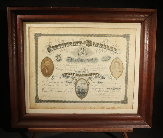 Antique Certificate of Marriage, P.W.N. Sanderson and Miss Mary Wessels, Painted Post, New York, Baptist Church, November 10, 1869, with Oval Portraits of Both Subjects, Published by John Gibson, New York