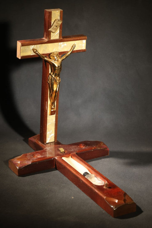 Vintage Catholic Last Rites Sick Call Crucifix Set, Wood and Brass with Gilt Corpus, Mother-Of-Pearl Inlay, Holy Water Bottle Present, Candles Absent