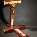 Lot 021 - Vintage Catholic Last Rites Sick Call Crucifix Set, Wood and Brass with Gilt Corpus, Mother-Of-Pearl Inlay, Holy Water Bottle Present, Candles Absent, 8" W x 13" H