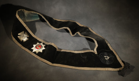 Antique Masonic Knights Templar Black Velvet Sash, "In Hoc Signo Vinces" Star, Maltese Cross, and Square and Compass, with Green Velvet Reverse, Named to C.S. Adams, Manufactured by the Henderson-Ames Co., Kalamazoo, Michigan
