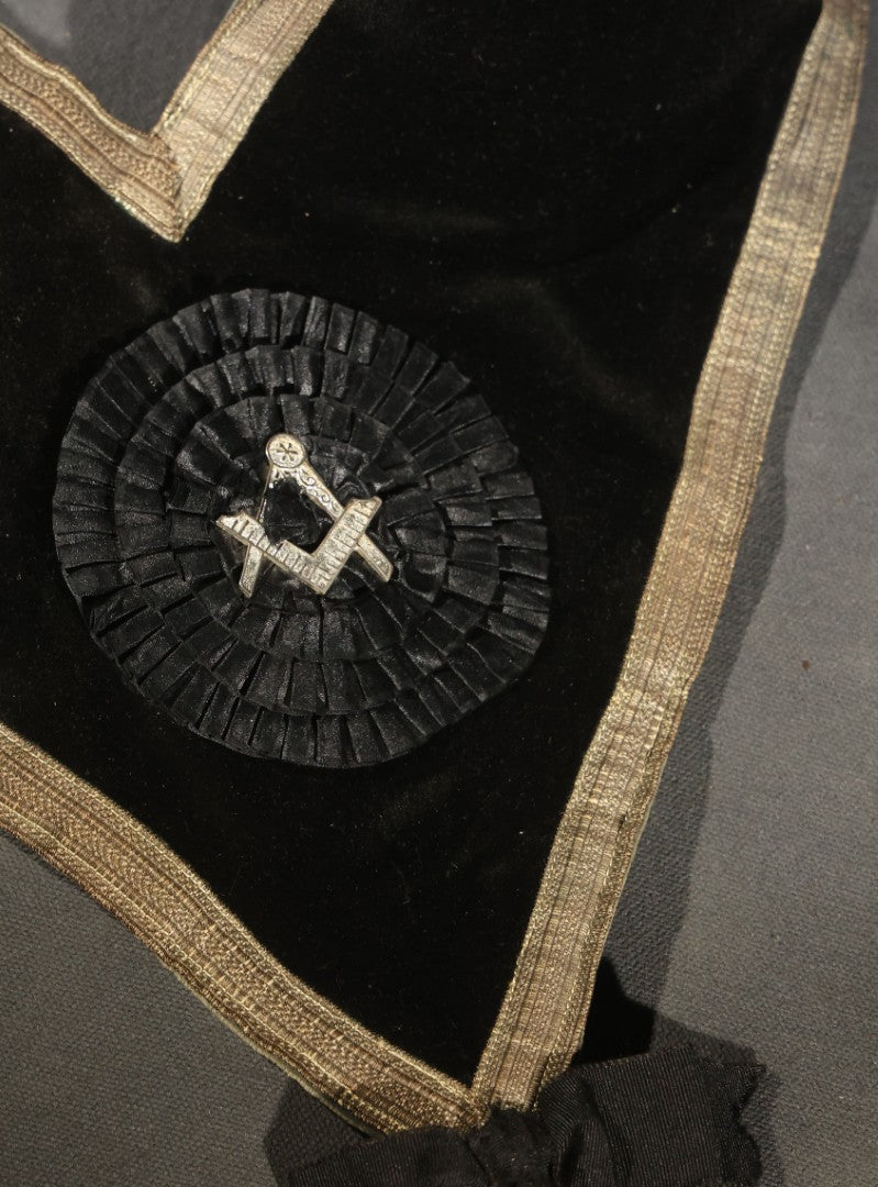 Antique Masonic Knights Templar Black Velvet Sash, "In Hoc Signo Vinces" Star, Maltese Cross, and Square and Compass, with Green Velvet Reverse, Named to C.S. Adams, Manufactured by the Henderson-Ames Co., Kalamazoo, Michigan