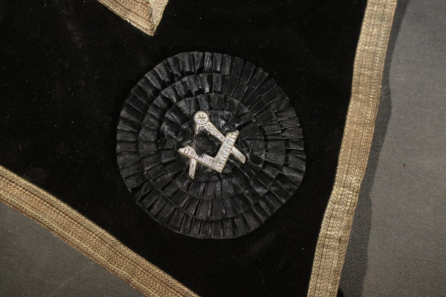 Antique Masonic Knights Templar Black Velvet Sash, "In Hoc Signo Vinces" Star, Maltese Cross, and Square and Compass, with Green Velvet Reverse, Named to C.S. Adams, Manufactured by the Henderson-Ames Co., Kalamazoo, Michigan