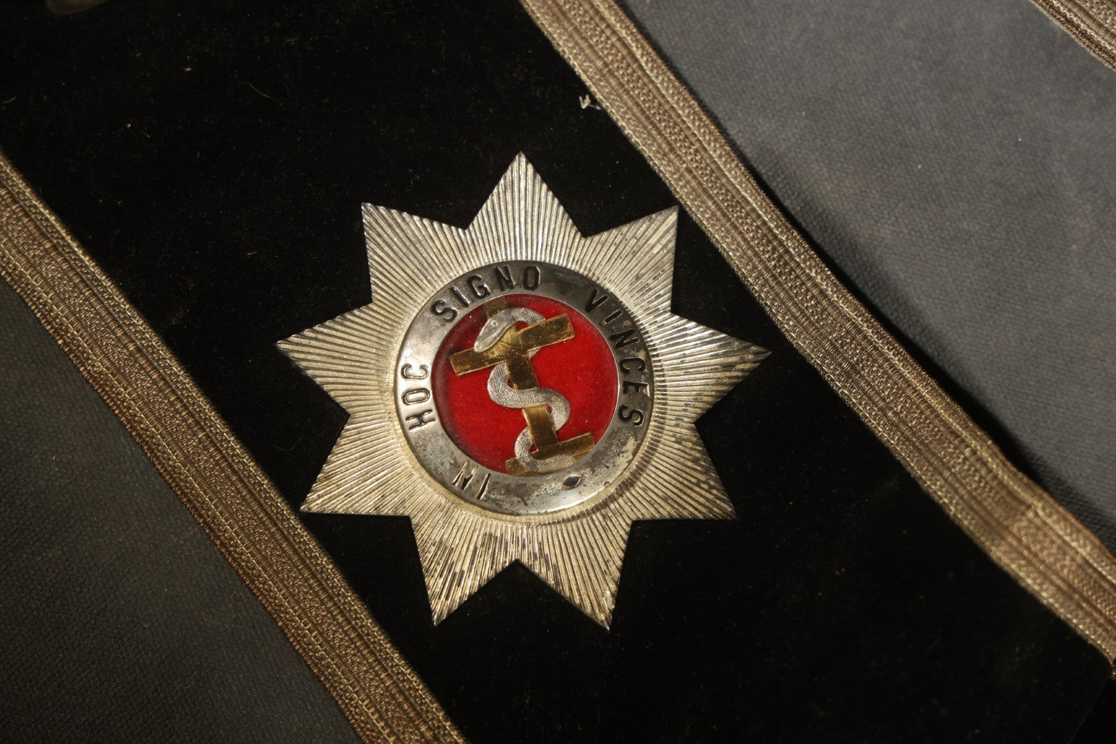 Antique Masonic Knights Templar Black Velvet Sash, "In Hoc Signo Vinces" Star, Maltese Cross, and Square and Compass, with Green Velvet Reverse, Named to C.S. Adams, Manufactured by the Henderson-Ames Co., Kalamazoo, Michigan