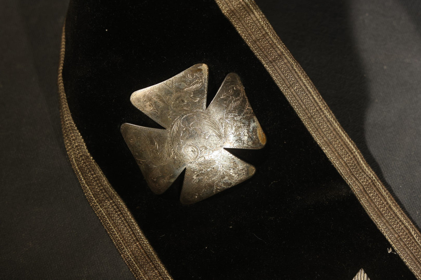 Antique Masonic Knights Templar Black Velvet Sash, "In Hoc Signo Vinces" Star, Maltese Cross, and Square and Compass, with Green Velvet Reverse, Named to C.S. Adams, Manufactured by the Henderson-Ames Co., Kalamazoo, Michigan