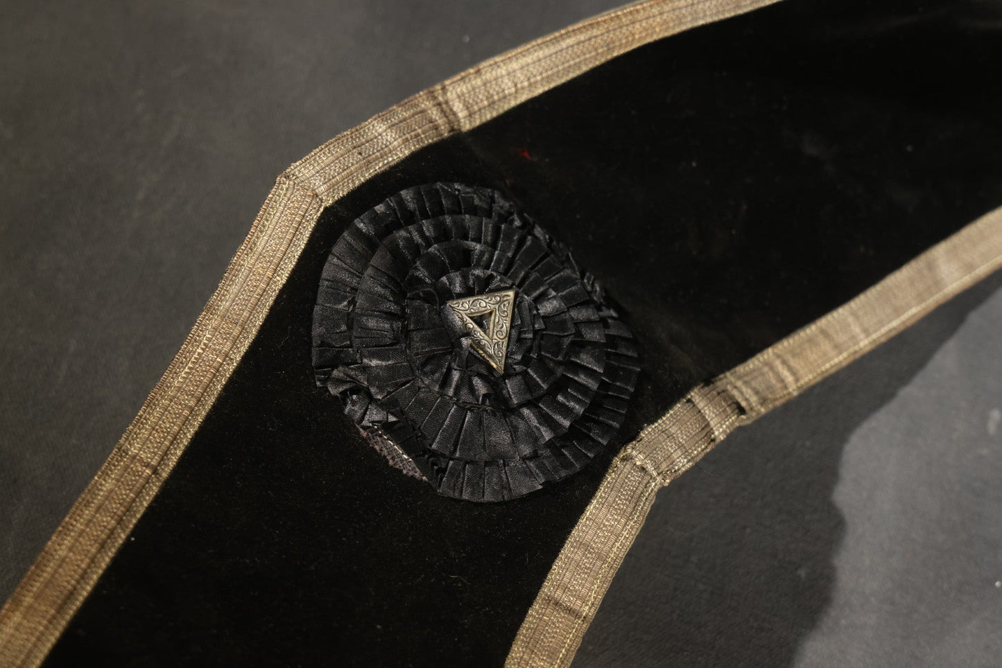 Antique Masonic Knights Templar Black Velvet Sash, "In Hoc Signo Vinces" Star, Maltese Cross, and Square and Compass, with Green Velvet Reverse, Named to C.S. Adams, Manufactured by the Henderson-Ames Co., Kalamazoo, Michigan