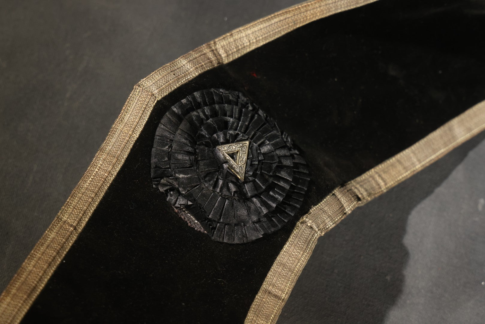 Antique Masonic Knights Templar Black Velvet Sash, "In Hoc Signo Vinces" Star, Maltese Cross, and Square and Compass, with Green Velvet Reverse, Named to C.S. Adams, Manufactured by the Henderson-Ames Co., Kalamazoo, Michigan
