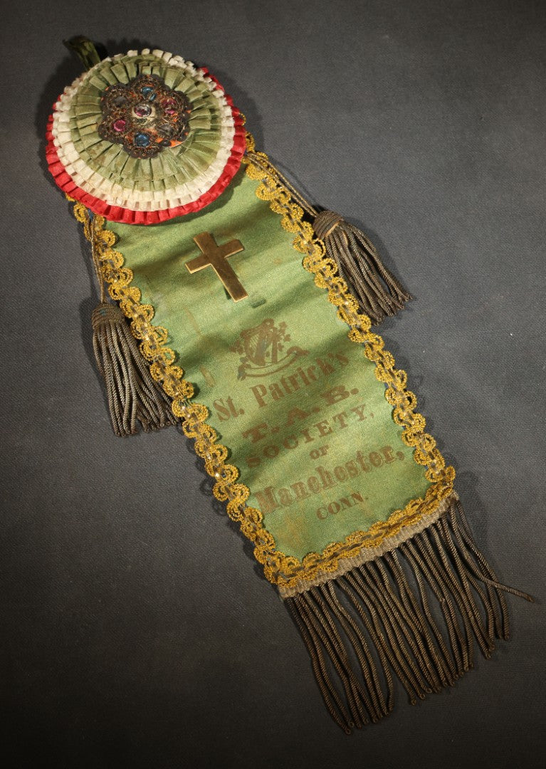 Antique Fraternal Ribbon Badge and Rosette, St. Patrick's T.A.B. Society of Manchester, Connecticut, Green Silk with Applied Brass Cross, Gold Braid Trim, and Jeweled Rosette