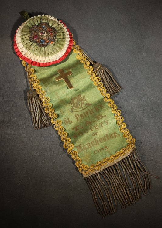 Antique Fraternal Ribbon Badge and Rosette, St. Patrick's T.A.B. Society of Manchester, Connecticut, Green Silk with Applied Brass Cross, Gold Braid Trim, and Jeweled Rosette