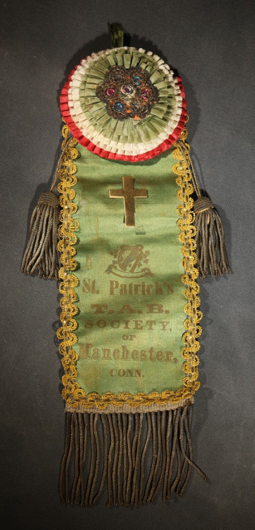 Antique Fraternal Ribbon Badge and Rosette, St. Patrick's T.A.B. Society of Manchester, Connecticut, Green Silk with Applied Brass Cross, Gold Braid Trim, and Jeweled Rosette