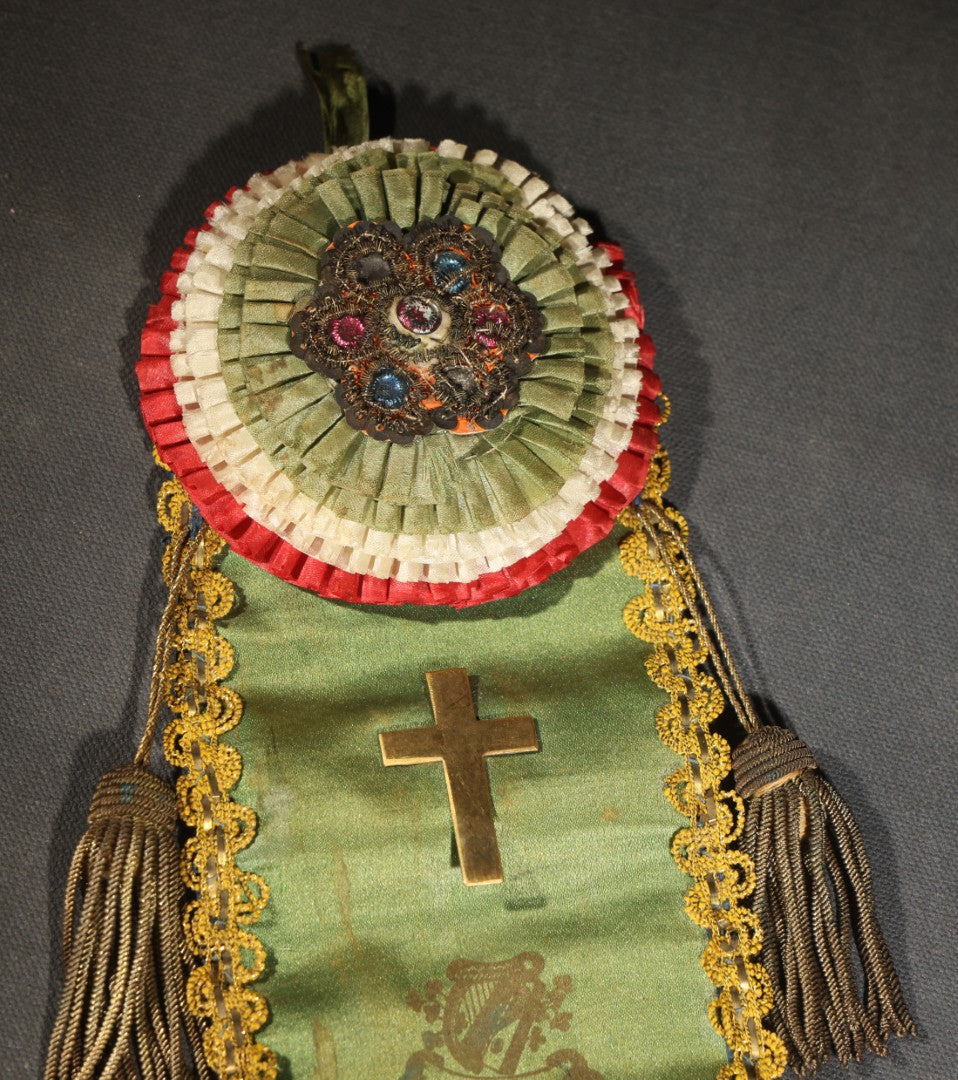 Antique Fraternal Ribbon Badge and Rosette, St. Patrick's T.A.B. Society of Manchester, Connecticut, Green Silk with Applied Brass Cross, Gold Braid Trim, and Jeweled Rosette