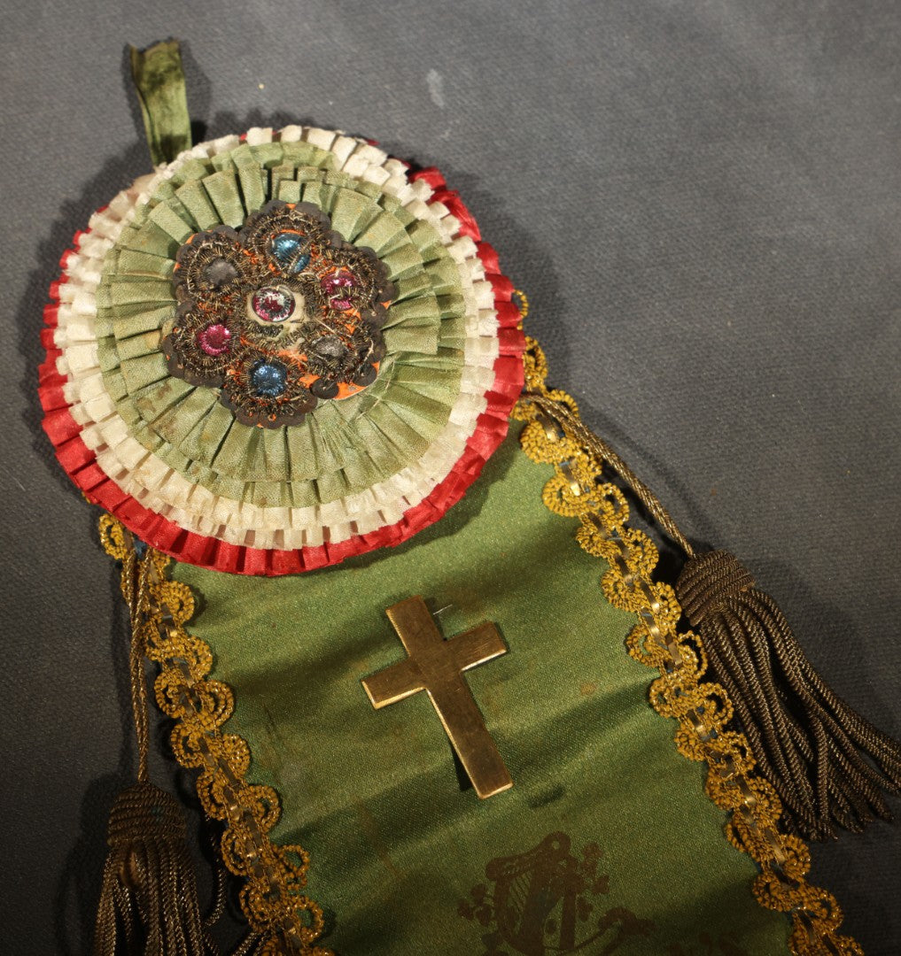 Antique Fraternal Ribbon Badge and Rosette, St. Patrick's T.A.B. Society of Manchester, Connecticut, Green Silk with Applied Brass Cross, Gold Braid Trim, and Jeweled Rosette