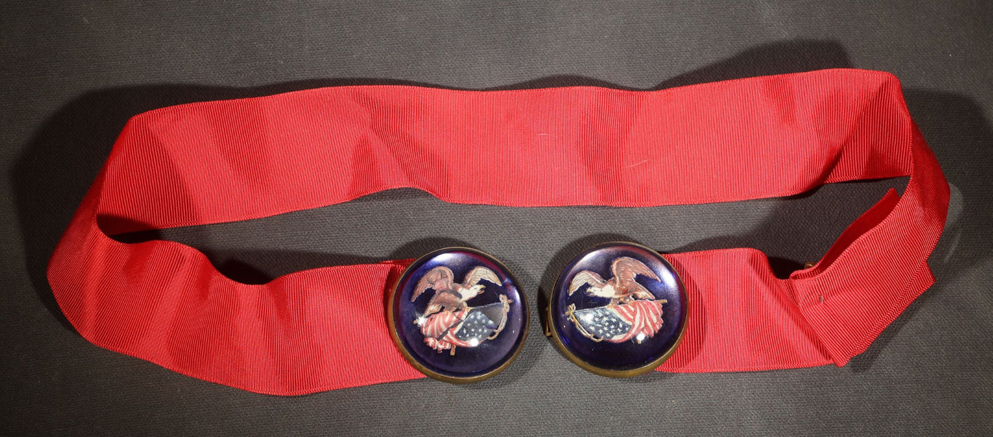 Antique Patriotic Cobalt Glass and Brass Buckle Set with Eagle and American Flag Decoration, on Later Red Grosgrain Ribbon