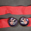 Lot 024 - Antique Patriotic Cobalt Glass and Brass Buckle Set with Eagle and American Flag Decoration, on Later Red Grosgrain Ribbon