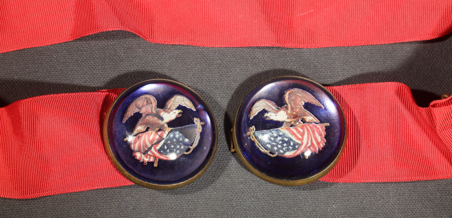 Antique Patriotic Cobalt Glass and Brass Buckle Set with Eagle and American Flag Decoration, on Later Red Grosgrain Ribbon