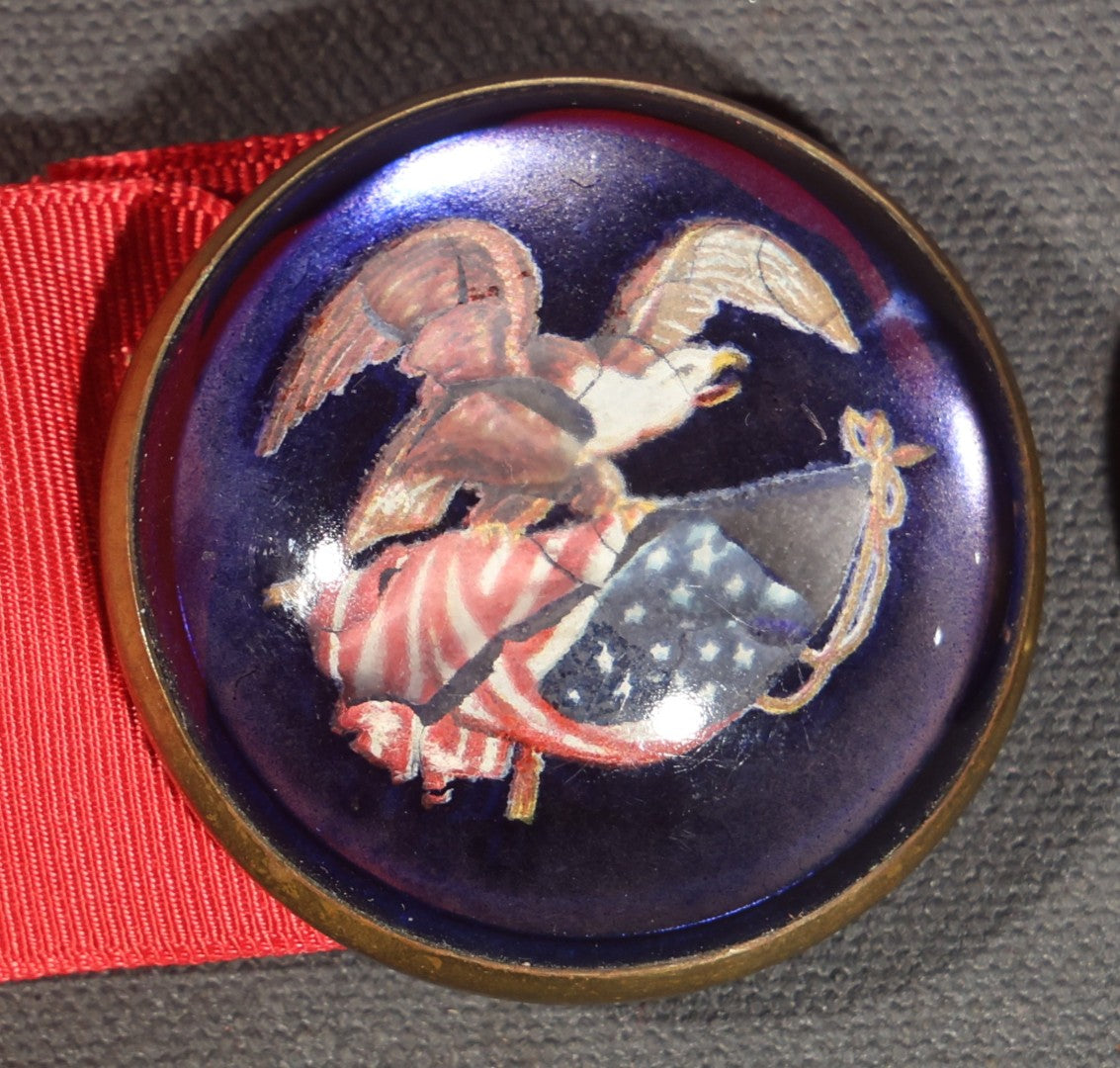 Antique Patriotic Cobalt Glass and Brass Buckle Set with Eagle and American Flag Decoration, on Later Red Grosgrain Ribbon