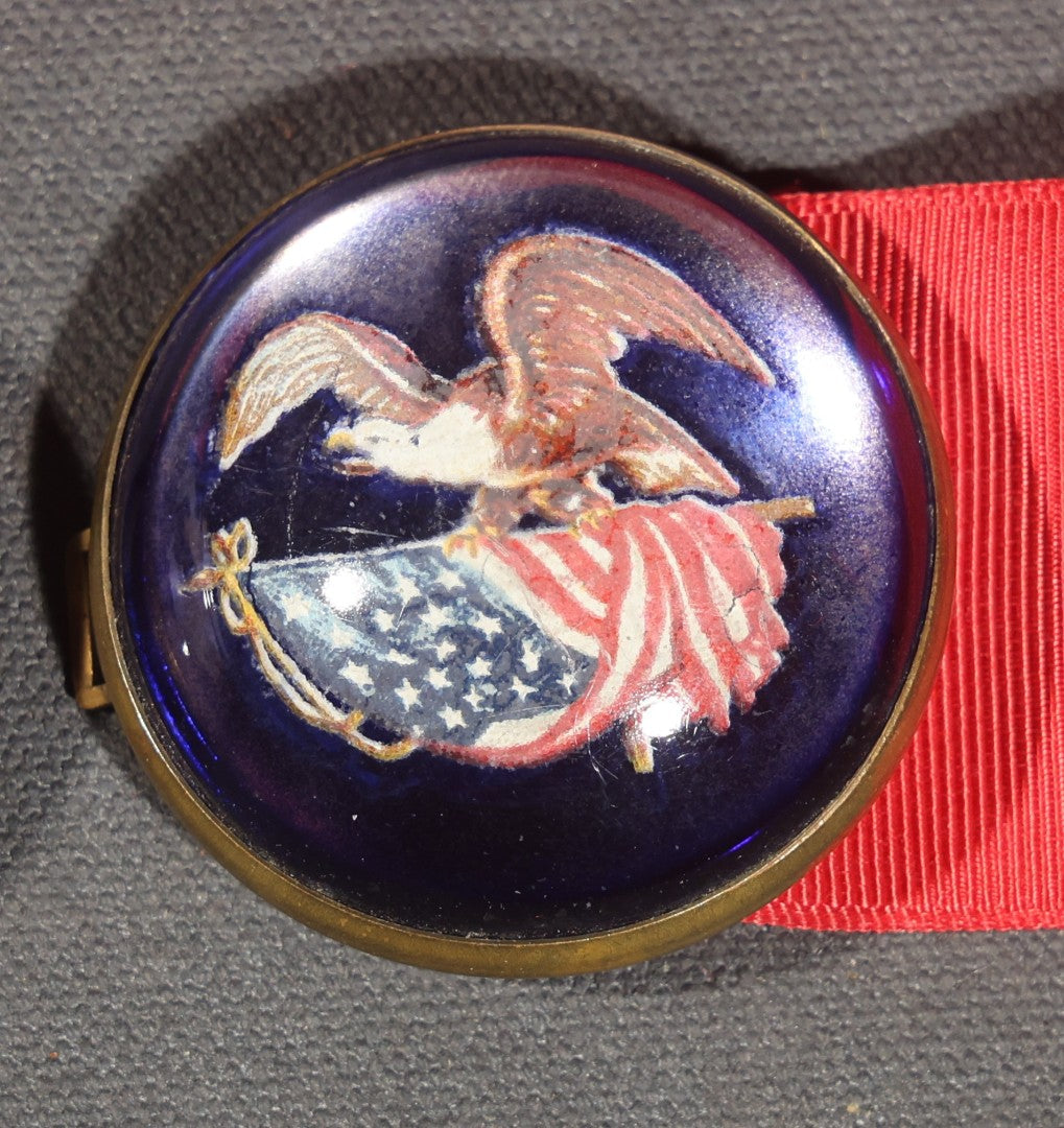 Antique Patriotic Cobalt Glass and Brass Buckle Set with Eagle and American Flag Decoration, on Later Red Grosgrain Ribbon