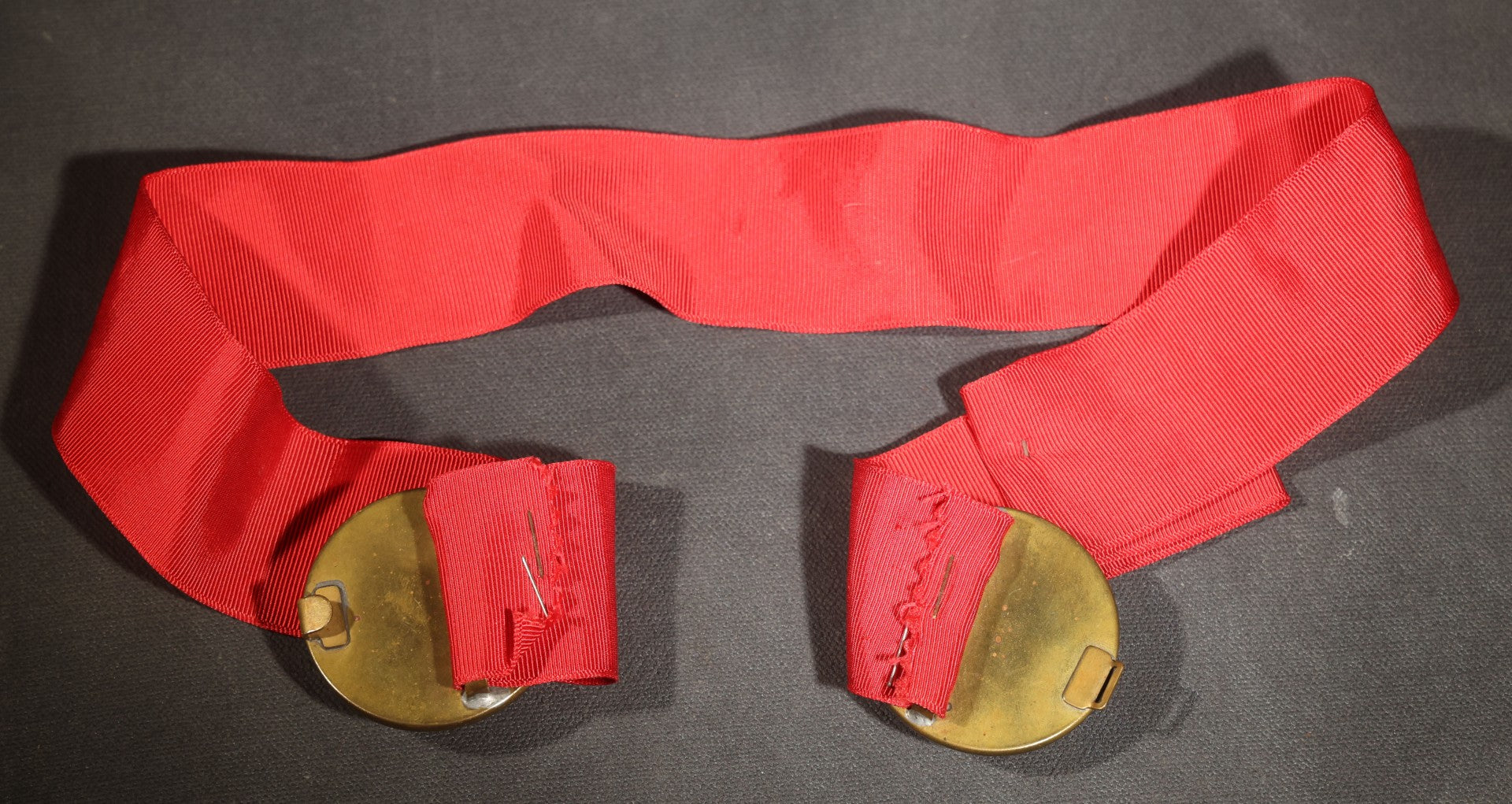 Antique Patriotic Cobalt Glass and Brass Buckle Set with Eagle and American Flag Decoration, on Later Red Grosgrain Ribbon
