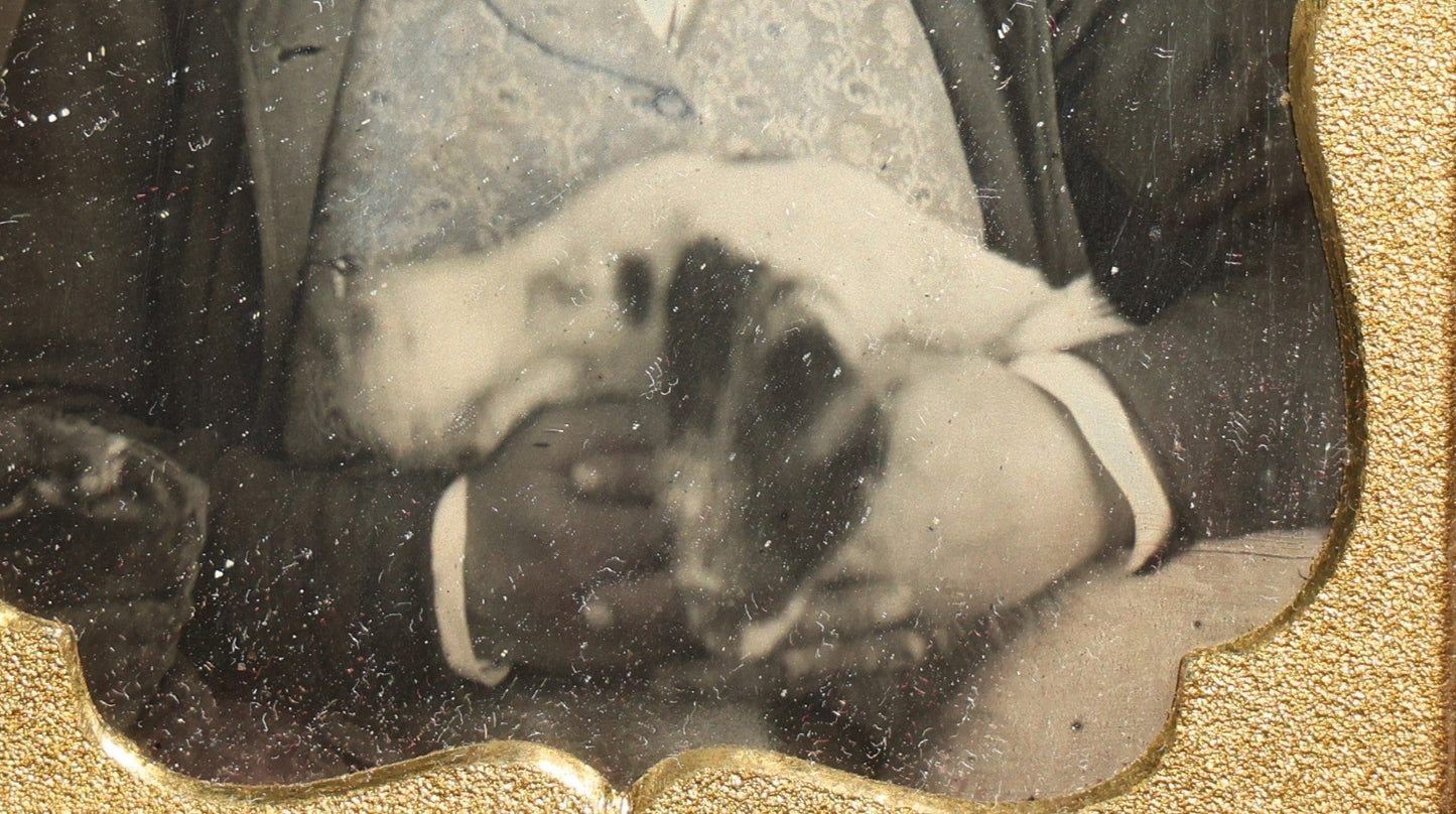Antique 1/6th Plate Daguerreotype Photograph of a Young Man Hugging His Dog, in Full Leatherette Union Case with Figural Woman and Scrollwork Cover