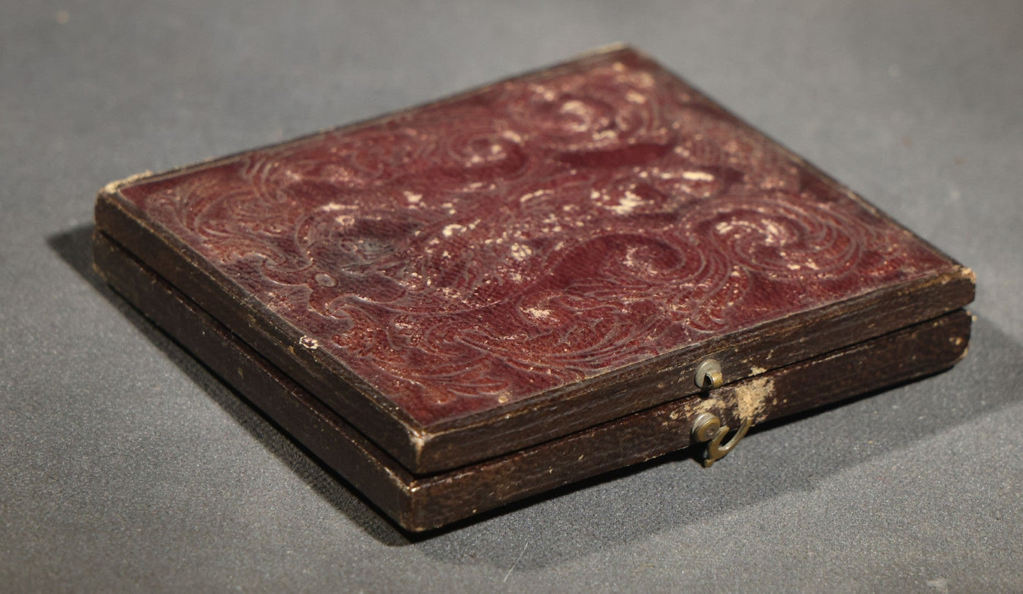 Antique 1/6th Plate Daguerreotype Photograph of a Young Man Hugging His Dog, in Full Leatherette Union Case with Figural Woman and Scrollwork Cover