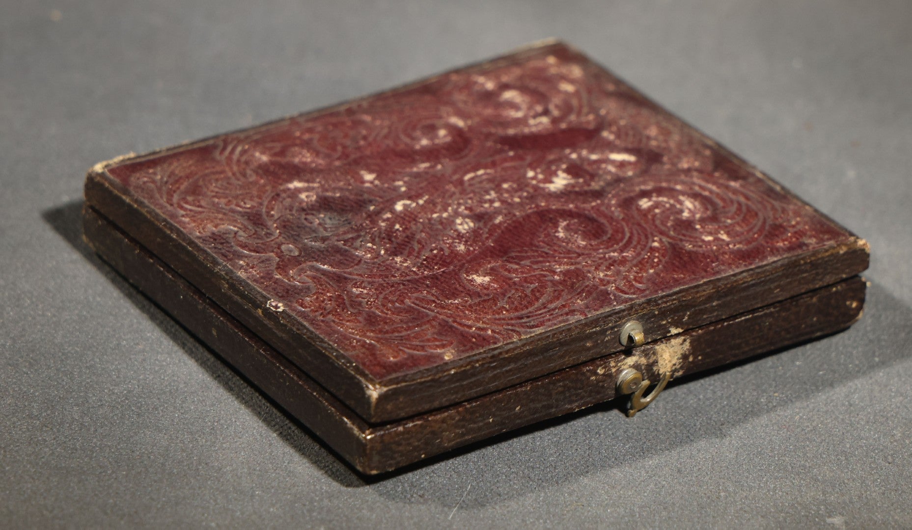 Antique 1/6th Plate Daguerreotype Photograph of a Young Man Hugging His Dog, in Full Leatherette Union Case with Figural Woman and Scrollwork Cover