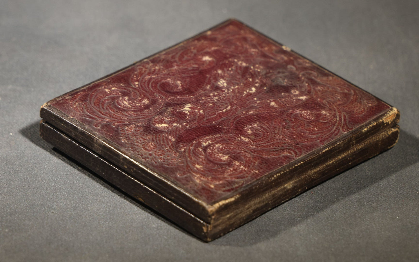 Antique 1/6th Plate Daguerreotype Photograph of a Young Man Hugging His Dog, in Full Leatherette Union Case with Figural Woman and Scrollwork Cover