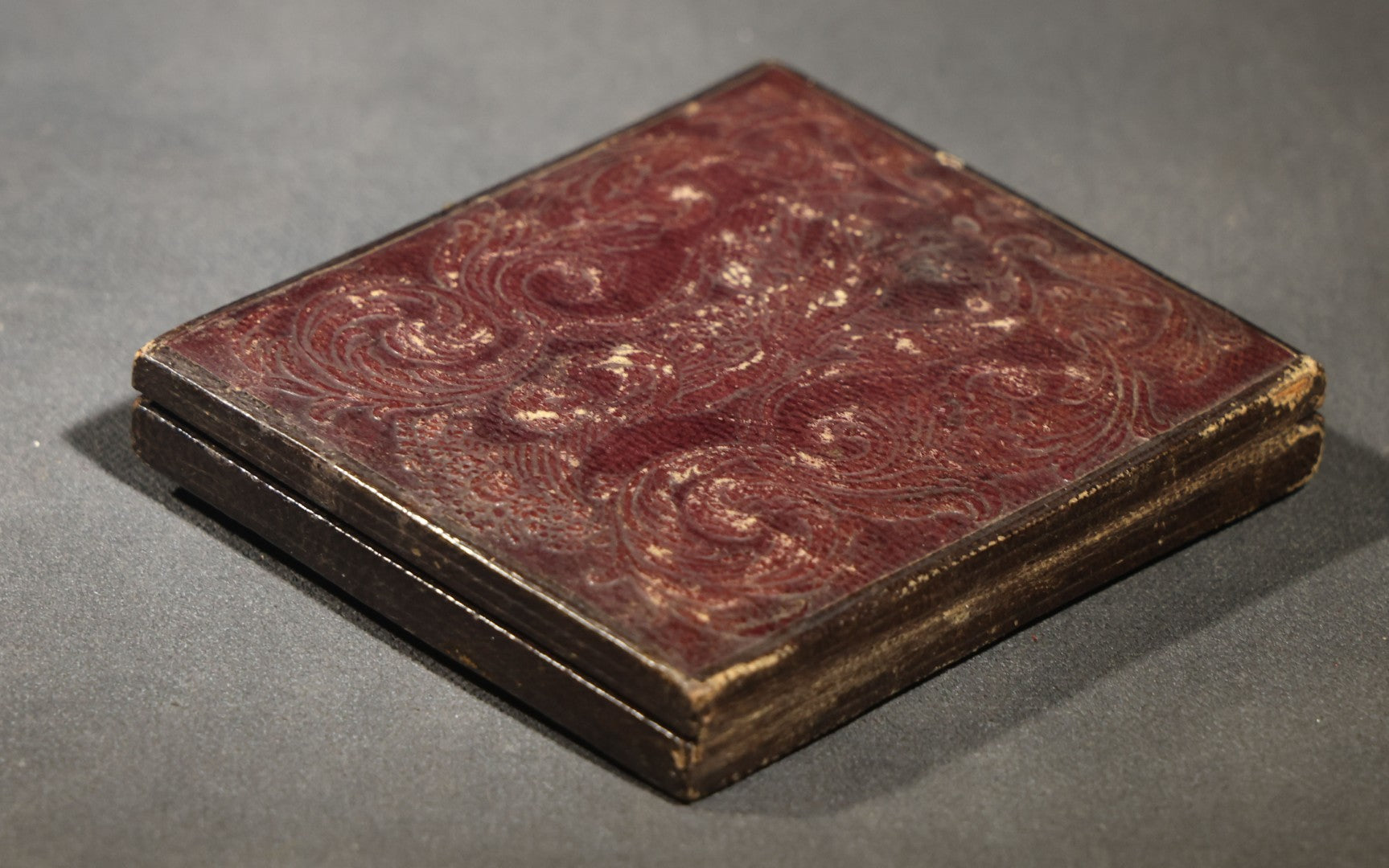 Antique 1/6th Plate Daguerreotype Photograph of a Young Man Hugging His Dog, in Full Leatherette Union Case with Figural Woman and Scrollwork Cover