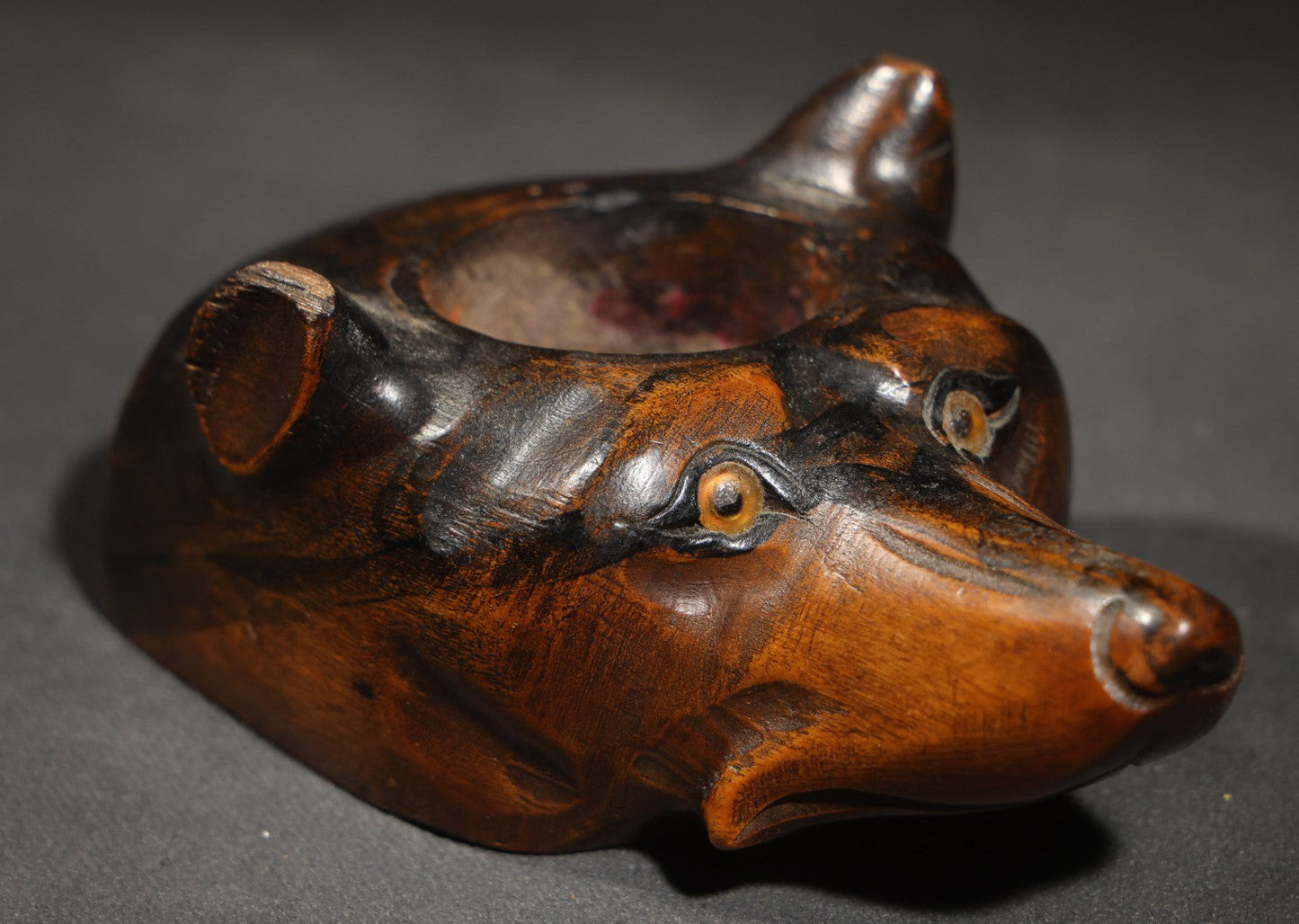 Vintage Carved Wood Dog Head Vessel with Glass Eyes
