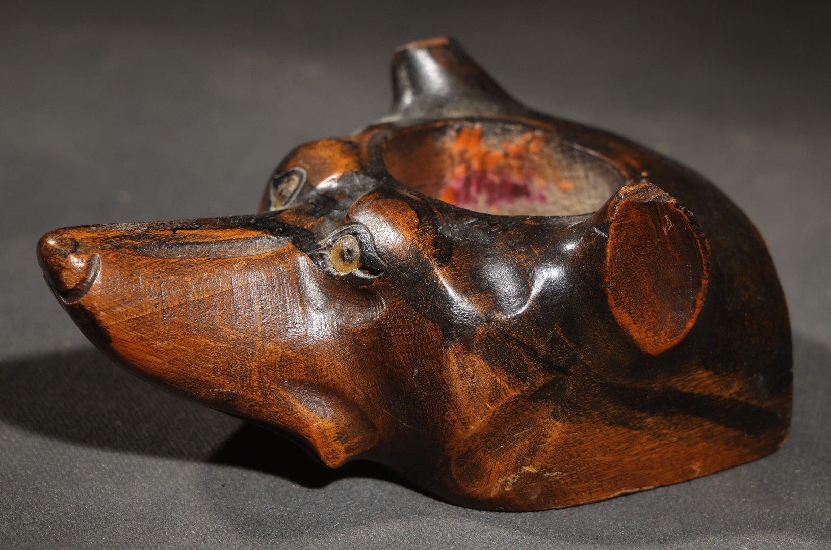 Vintage Carved Wood Dog Head Vessel with Glass Eyes