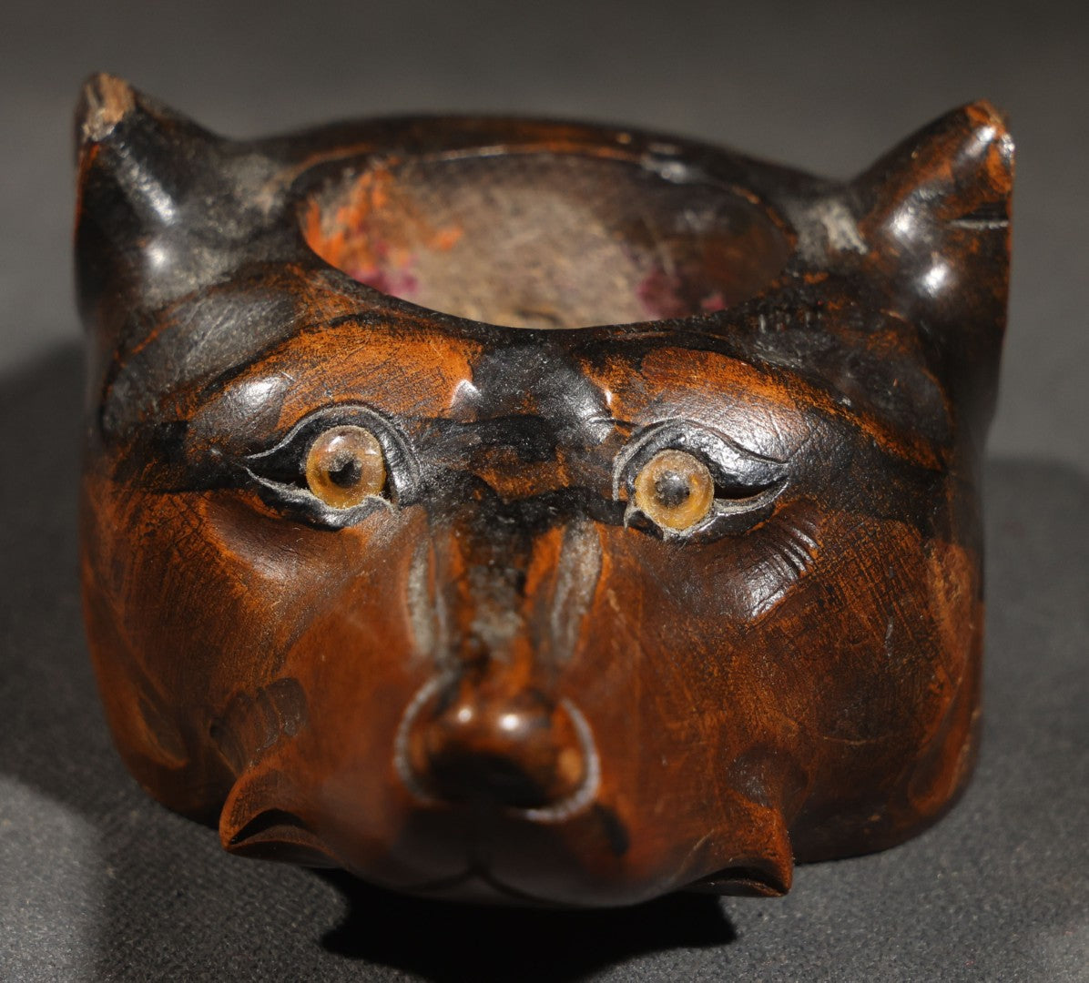 Vintage Carved Wood Dog Head Vessel with Glass Eyes