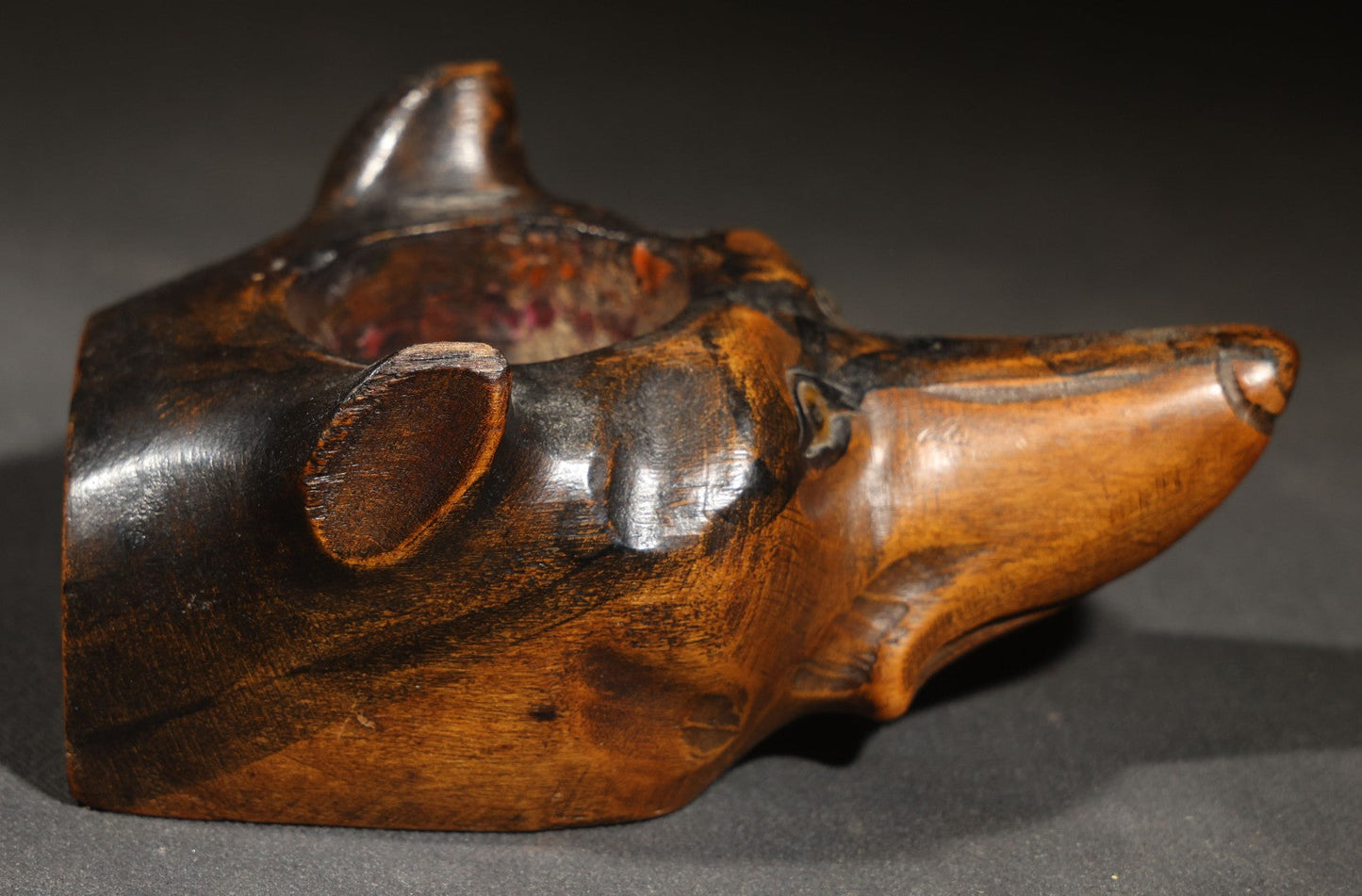 Vintage Carved Wood Dog Head Vessel with Glass Eyes