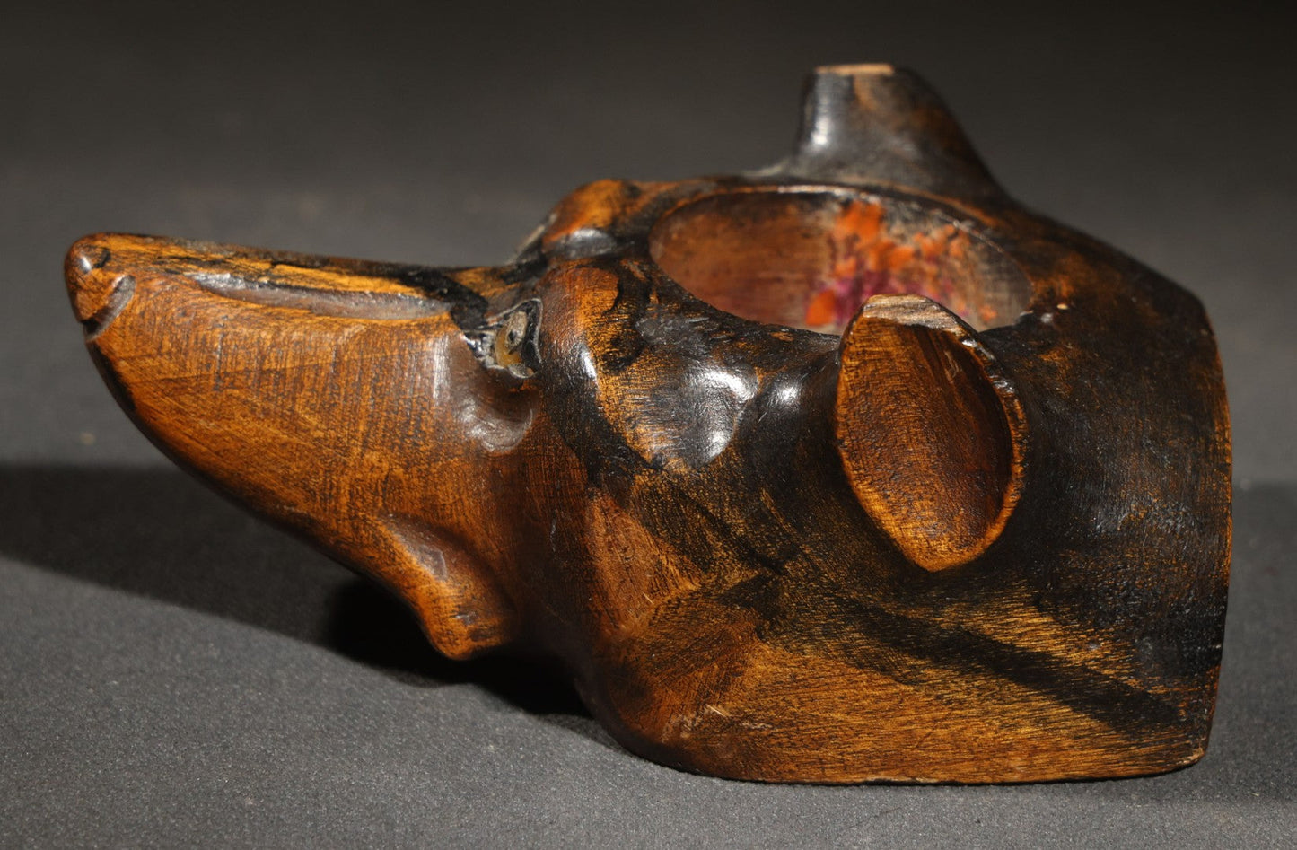 Vintage Carved Wood Dog Head Vessel with Glass Eyes