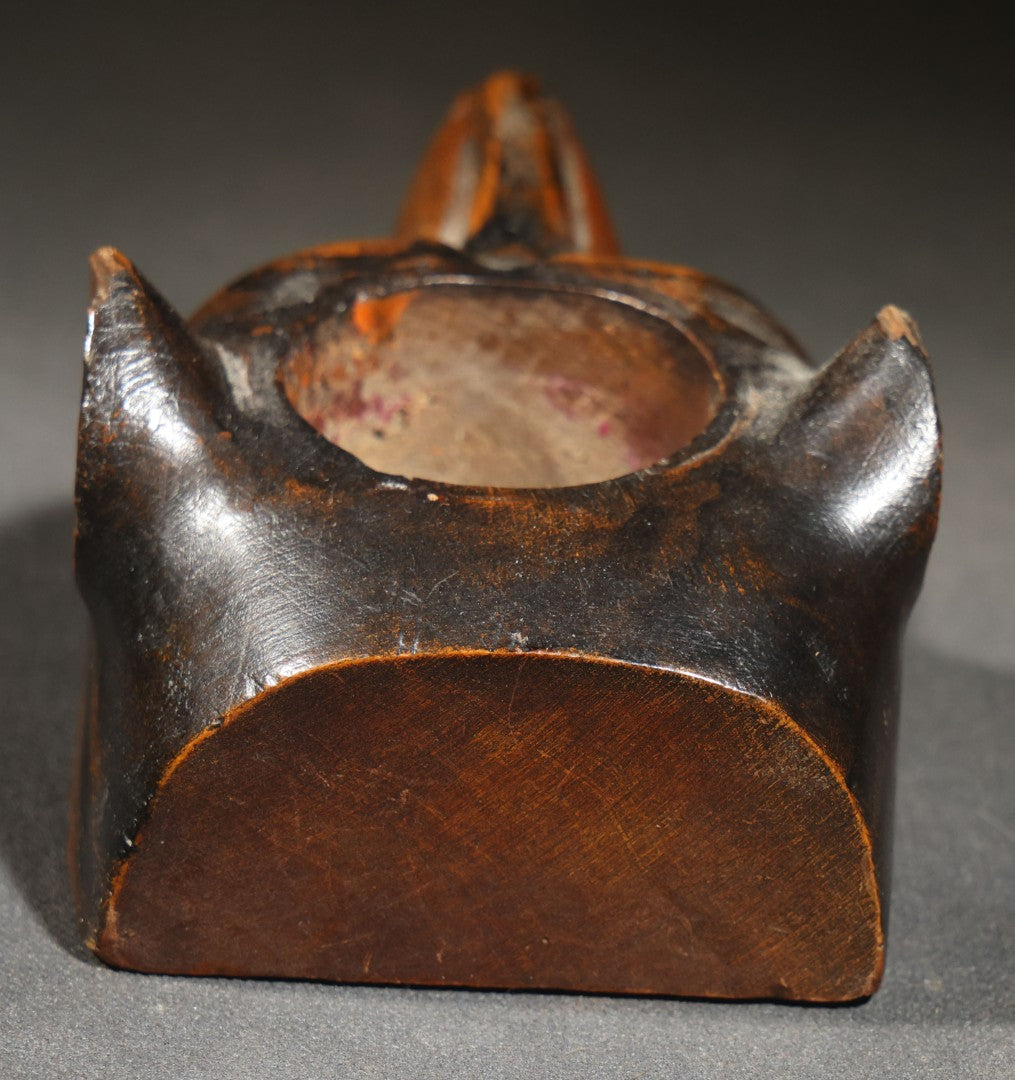 Vintage Carved Wood Dog Head Vessel with Glass Eyes